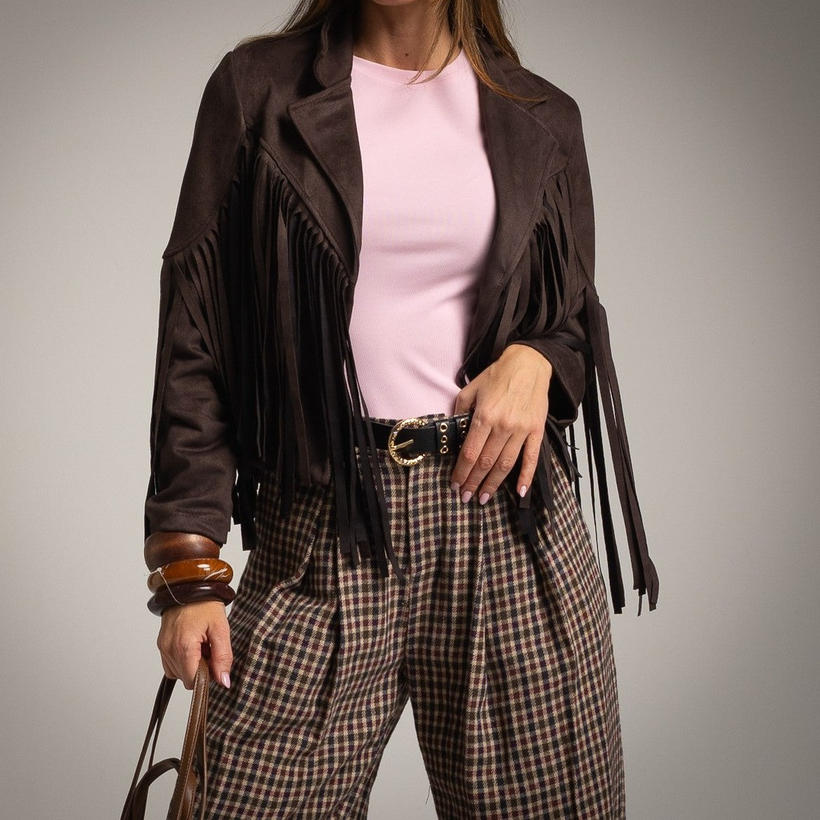 iker fringes suede jacket chocolate close up front