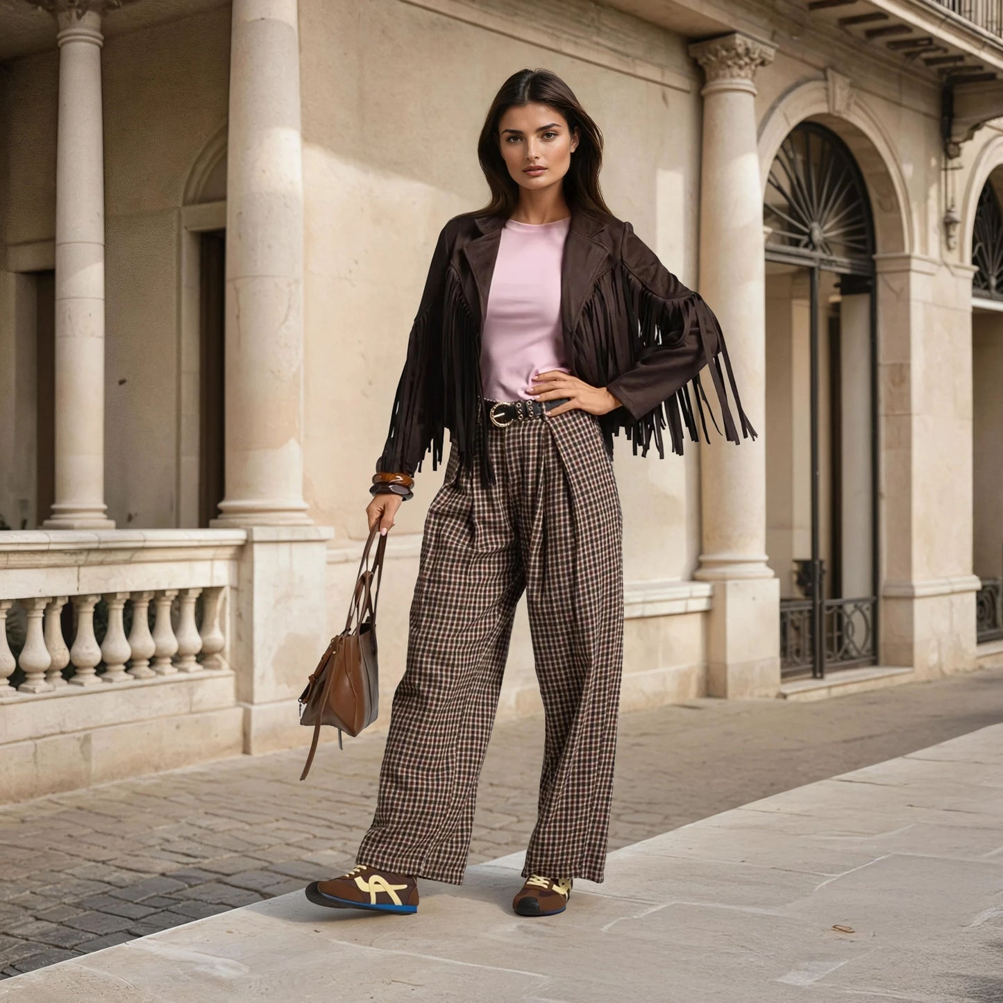 biker fringes suede jacket chocolate street style full outfit