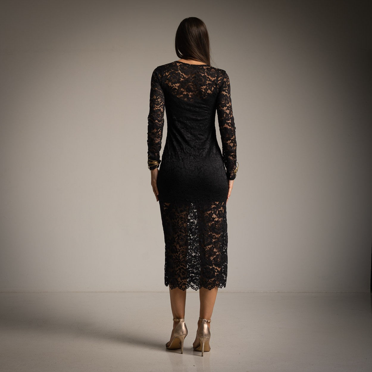 Black lace midi dress – studio back view