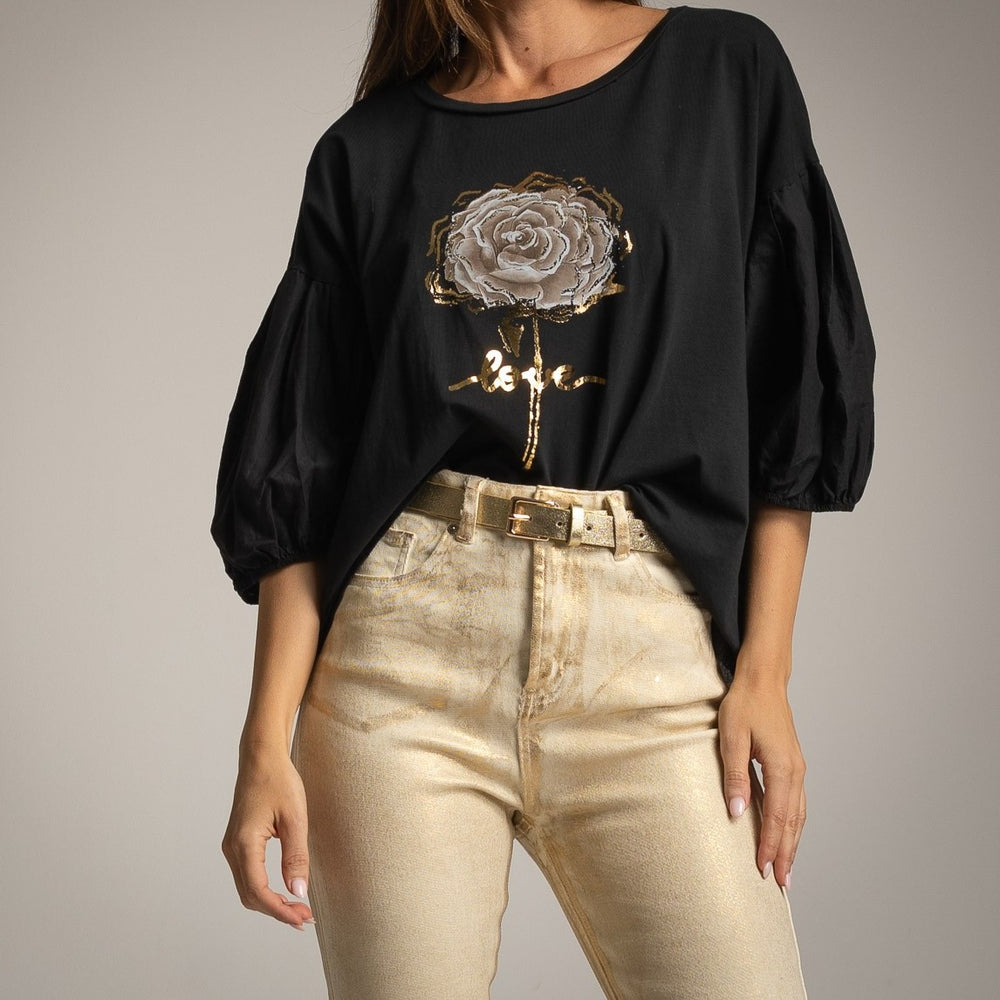 Black puff sleeve shirt with rose print and gold love detail by MARIΓIOÚ