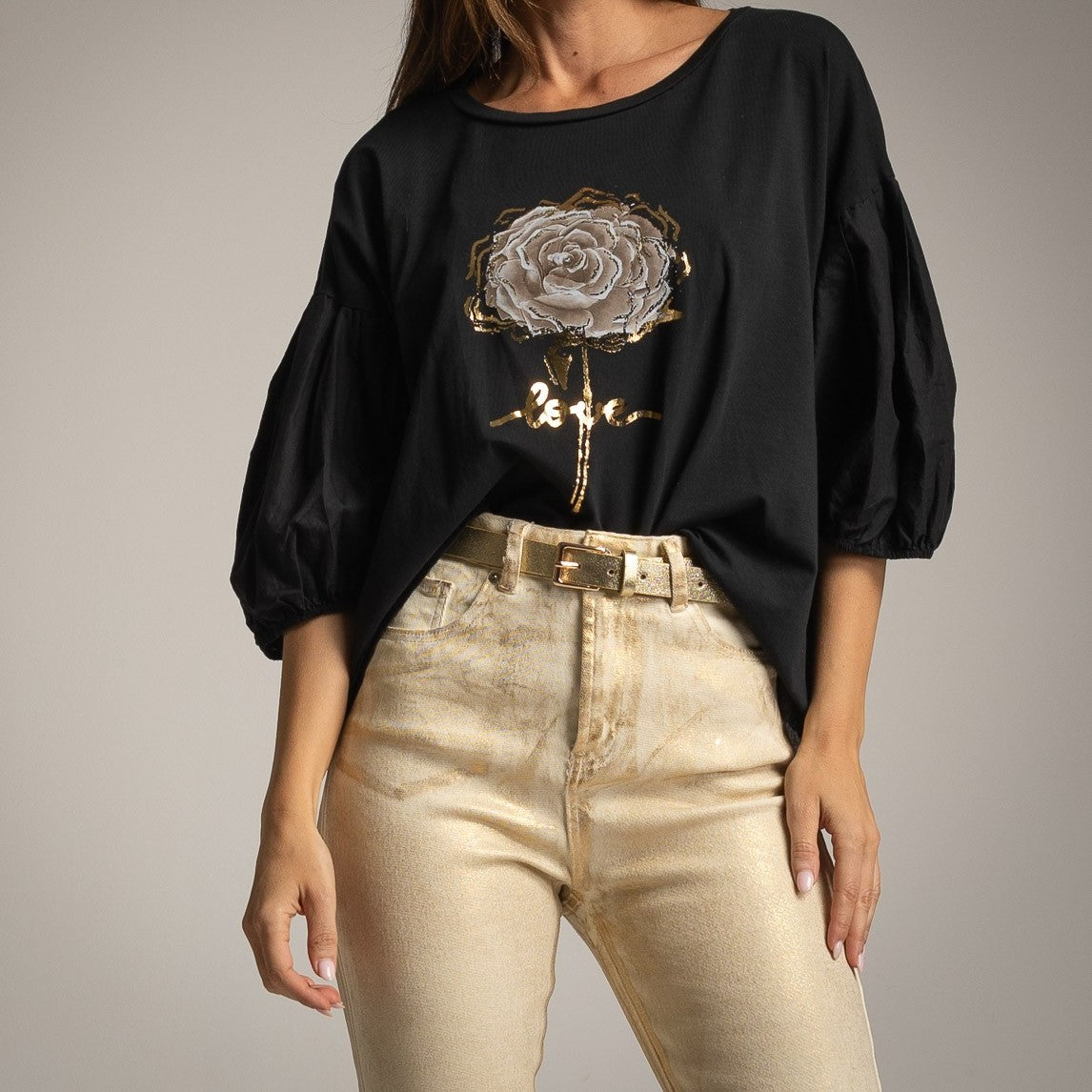 Black puff sleeve shirt with rose print and gold love detail by MARIΓIOÚ