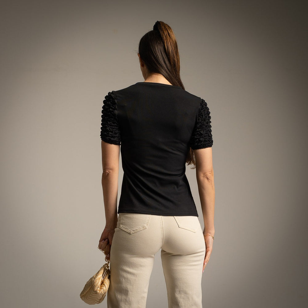 Black ribbed shirt with ruffled sleeves back view one size by MARIΓIOÚ