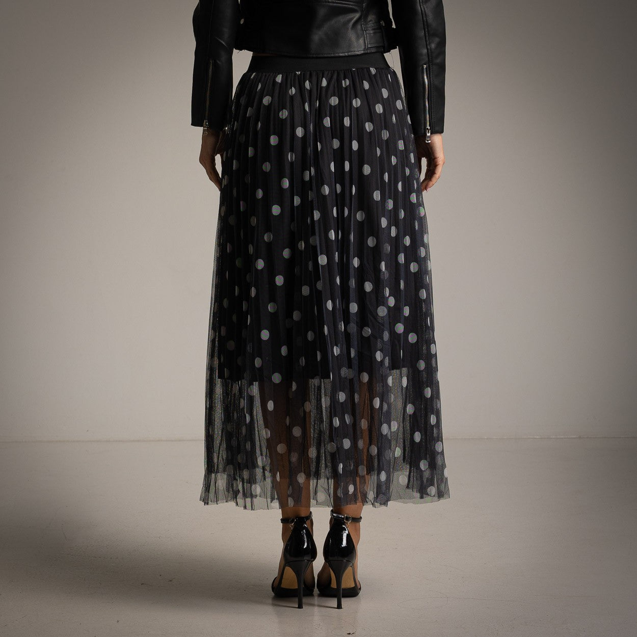 Black tulle midi skirt with polka dots back view