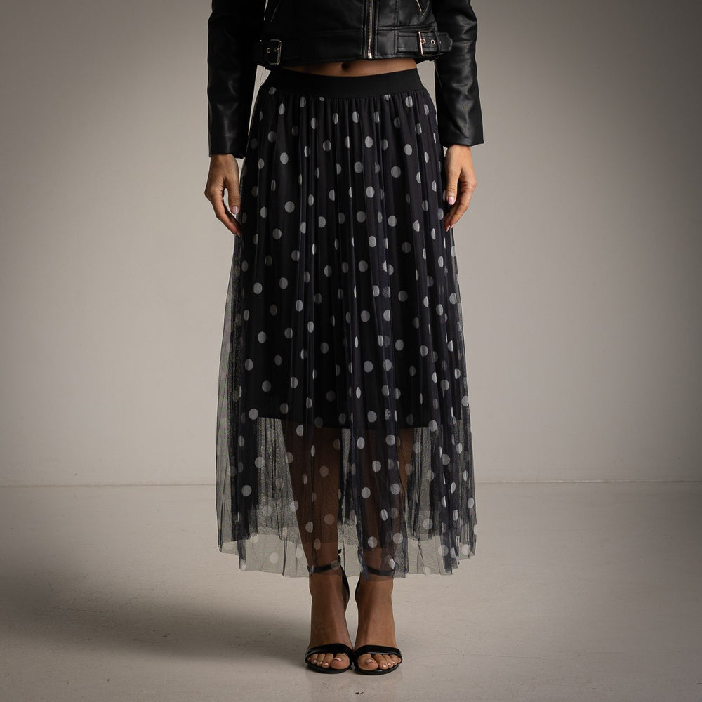 Black tulle midi skirt with polka dots front view