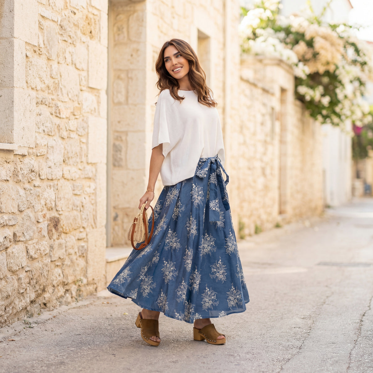 Blue embroidered denim midi skirt styled outdoor – feminine Mediterranean summer look by MARIΓIOÚ