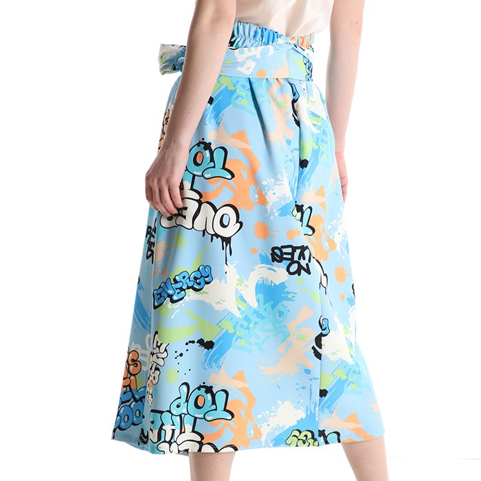 Blue graffiti print midi skirt back view – elastic waistband detail by MARIΓIOÚ