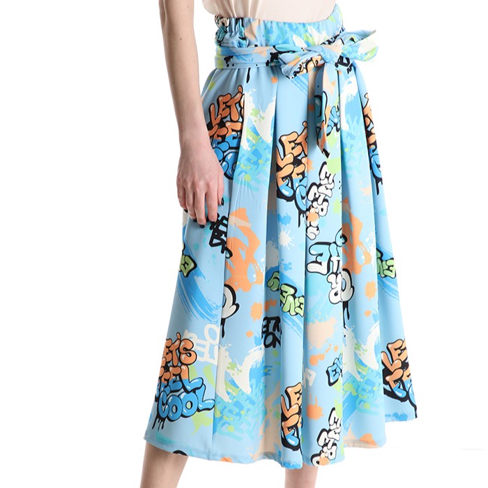 Blue statement midi skirt front view – high waisted skirt with belt and pockets by MARIΓIOÚ
