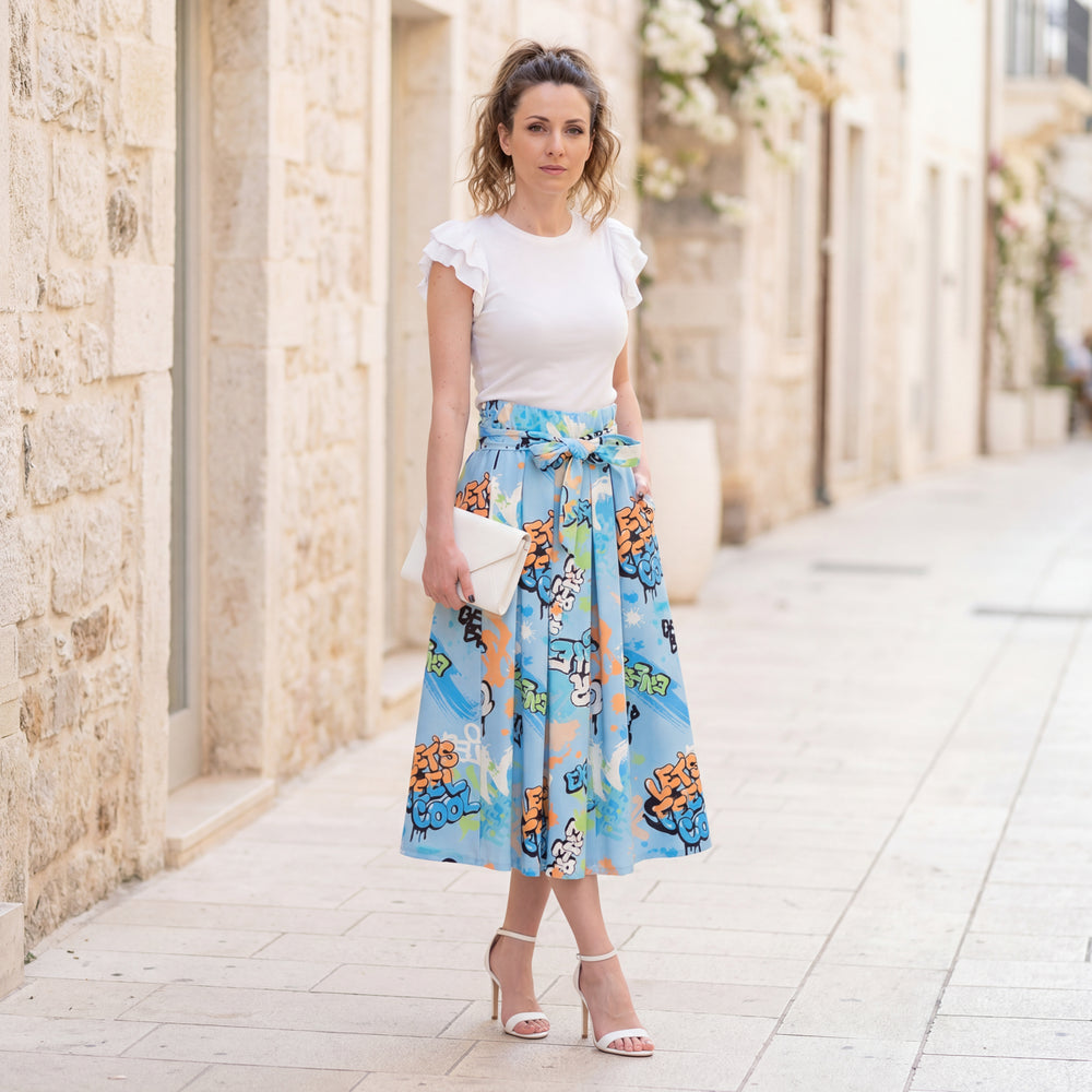 Blue graffiti print midi skirt styled outdoor – statement One Size skirt with belt and pockets by MARIΓIOÚ