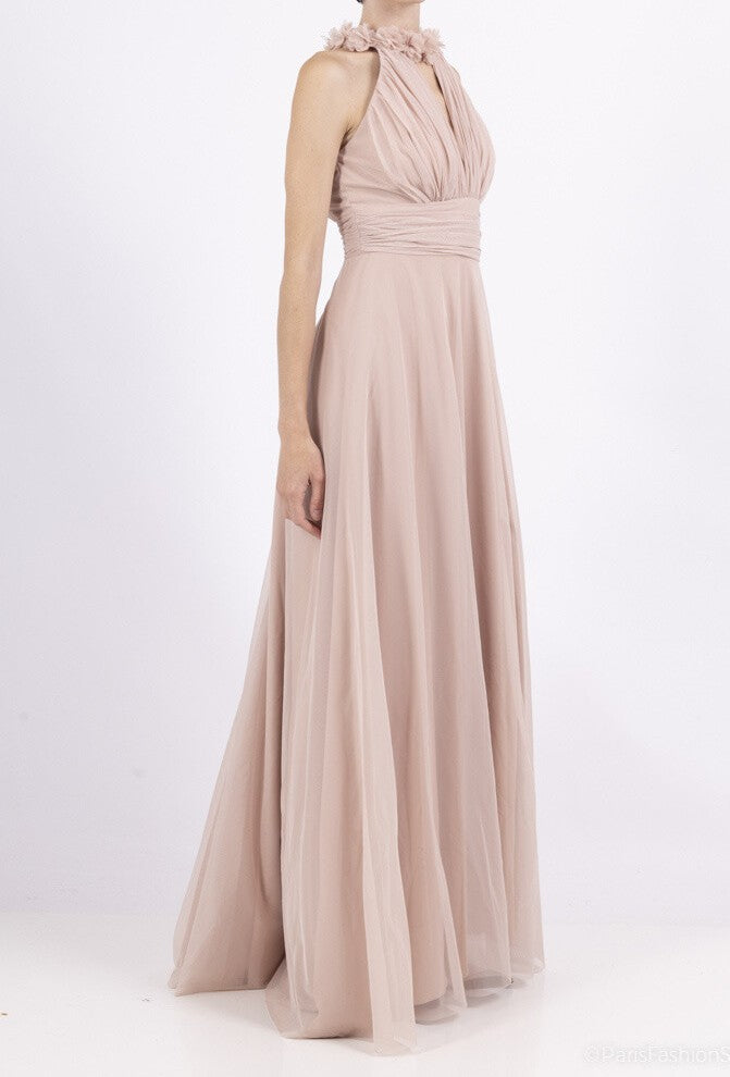 Side view of blush formal maxi dress with soft draping