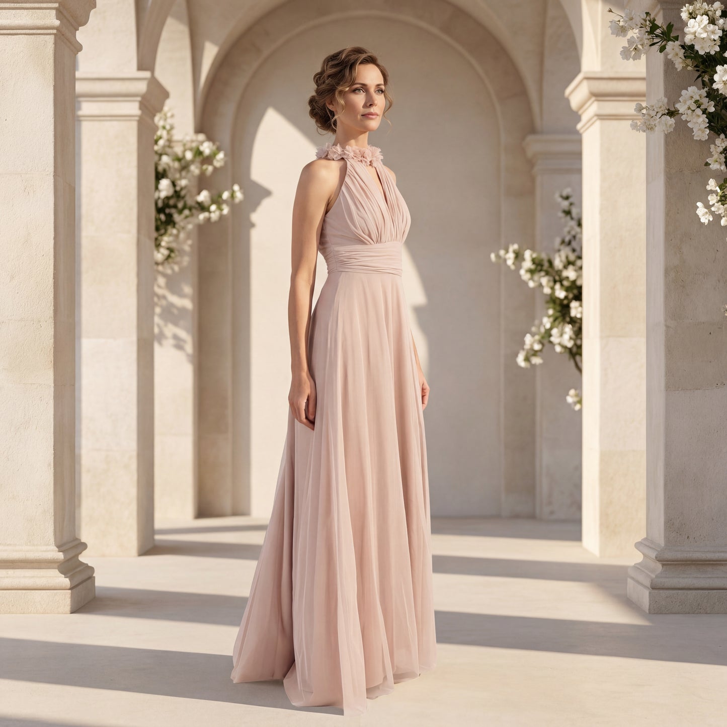 Elegant blush wedding guest dress with flowing maxi silhouette