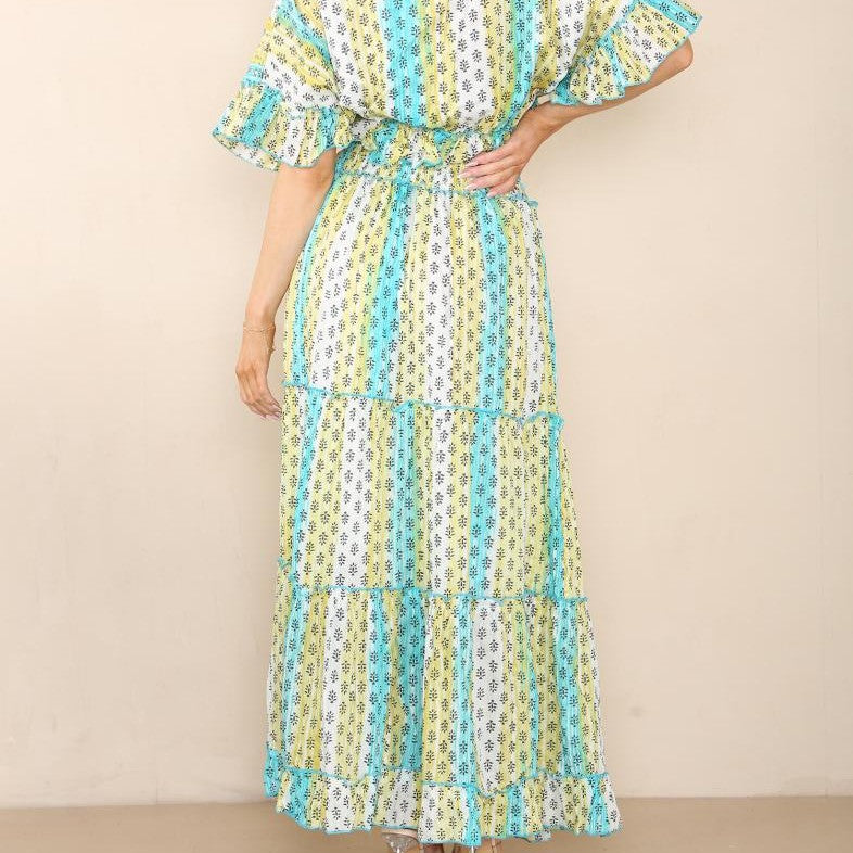 Boho two piece set in lemon sorbet back view with flowy maxi skirt