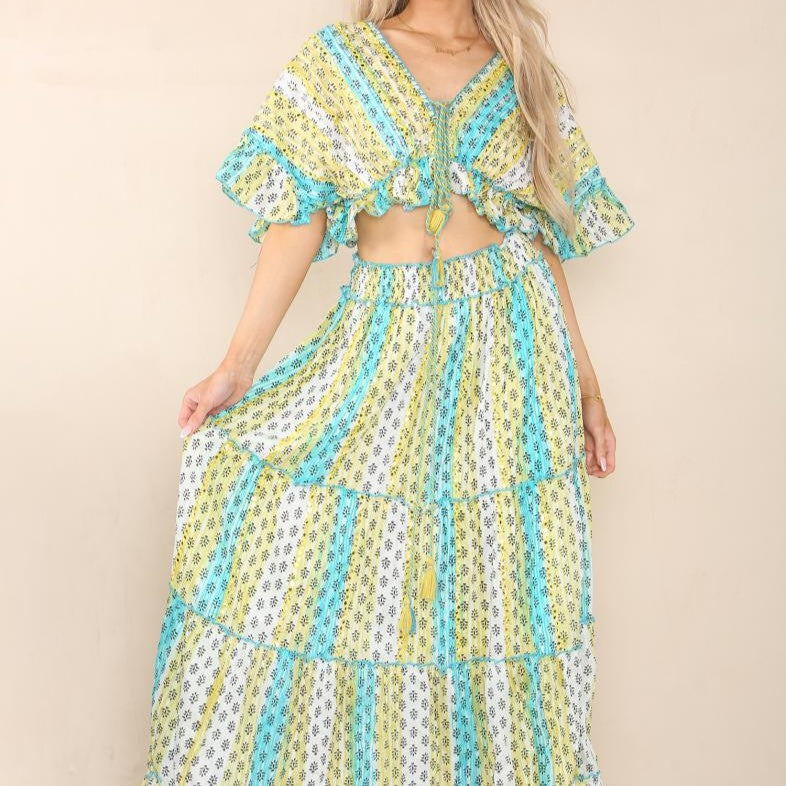 Close up of boho two piece set in lemon sorbet with soft ruffles and elastic waist