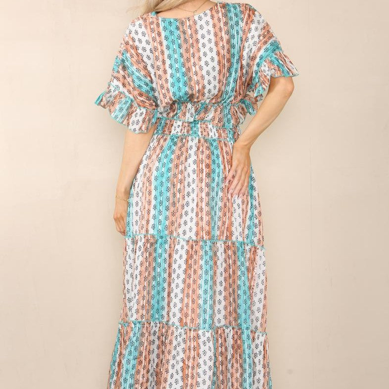 Boho two piece set in turquoise back view with tiered skirt and cropped top