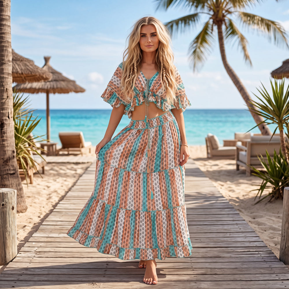 Boho two piece set in turquoise with crop top and maxi skirt styled on beach front view