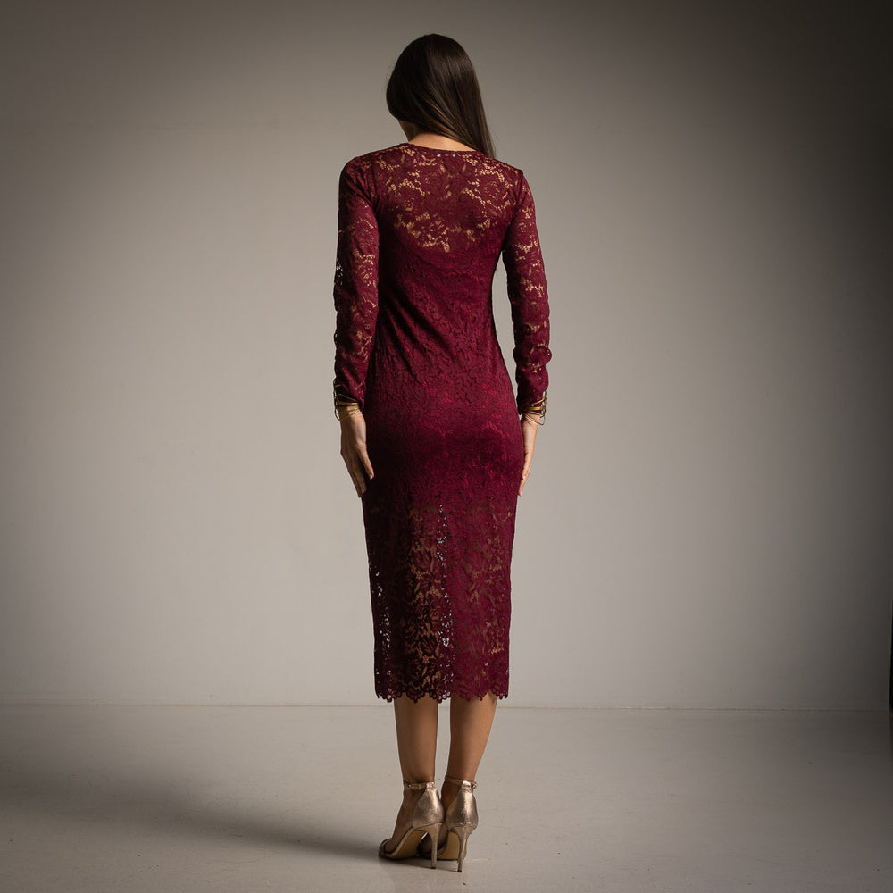 Burgundy lace midi dress – studio back view