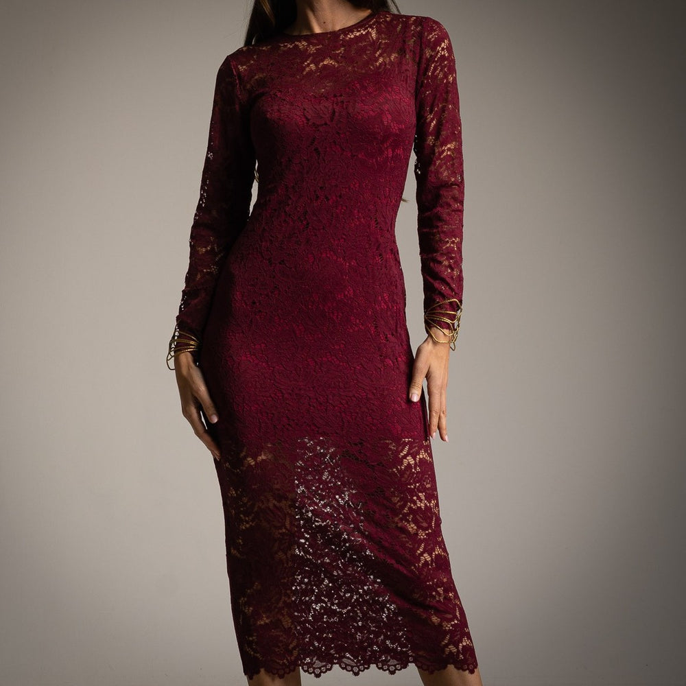 Burgundy lace midi dress – studio front close-up