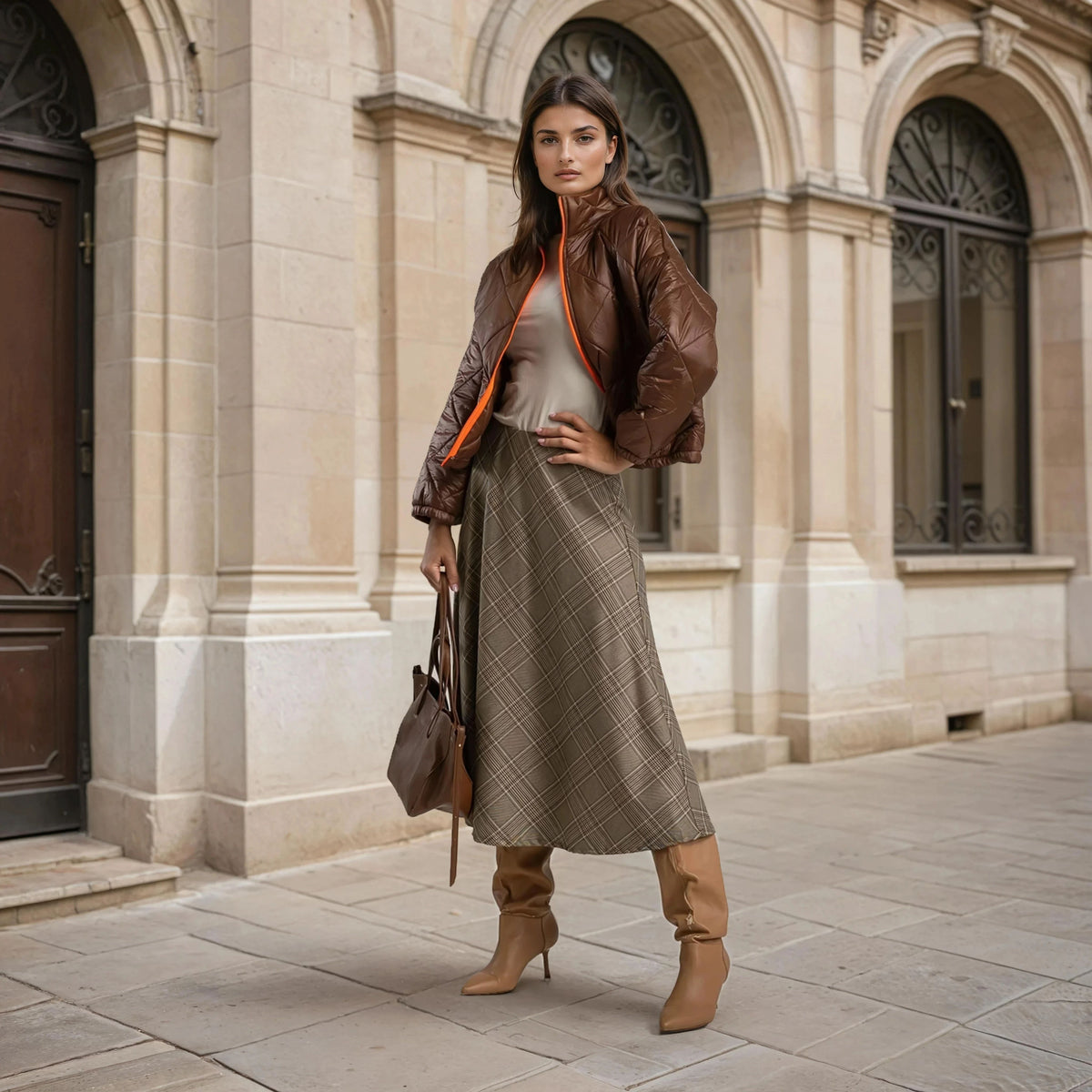 Chocolate padded jacket styled with skirt and boots outdoors