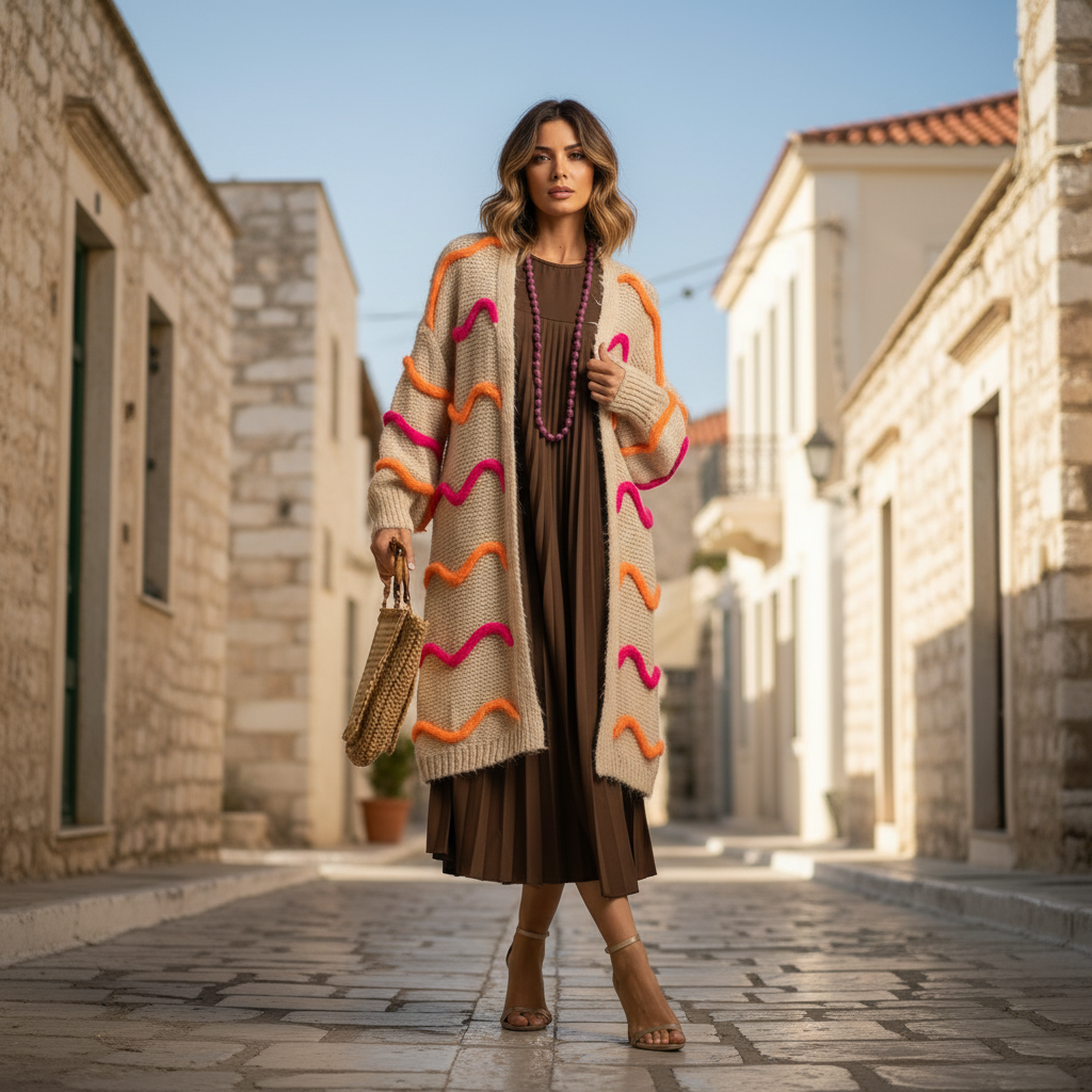 Chunky knit long cardigan with colorful wave details, styled in an elegant streetstyle look