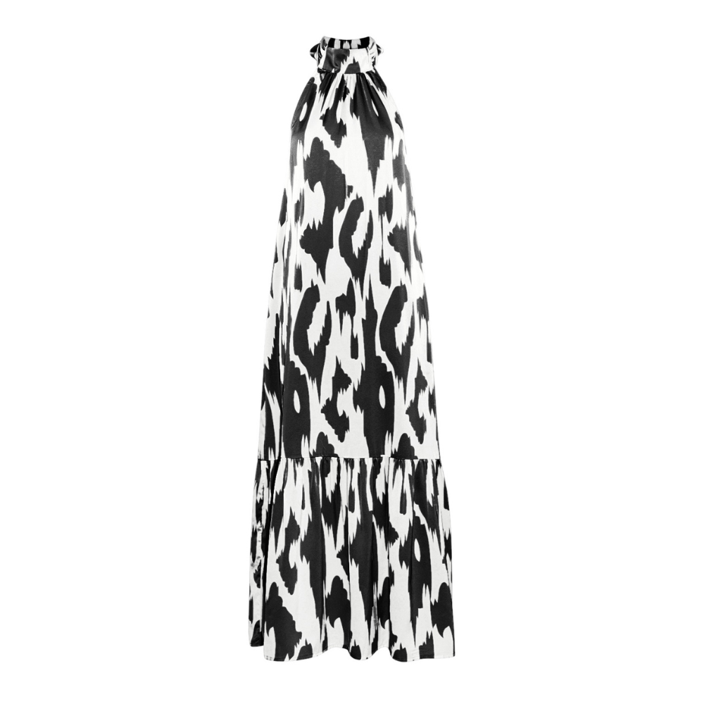 Classic Black neckholder maxi dress with abstract print front view