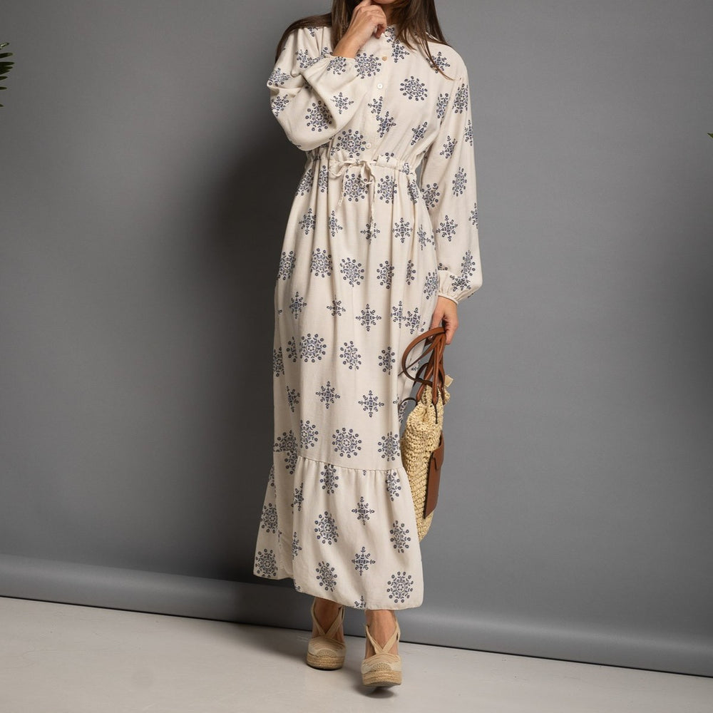 Cream printed maxi dress front view with drawstring waist