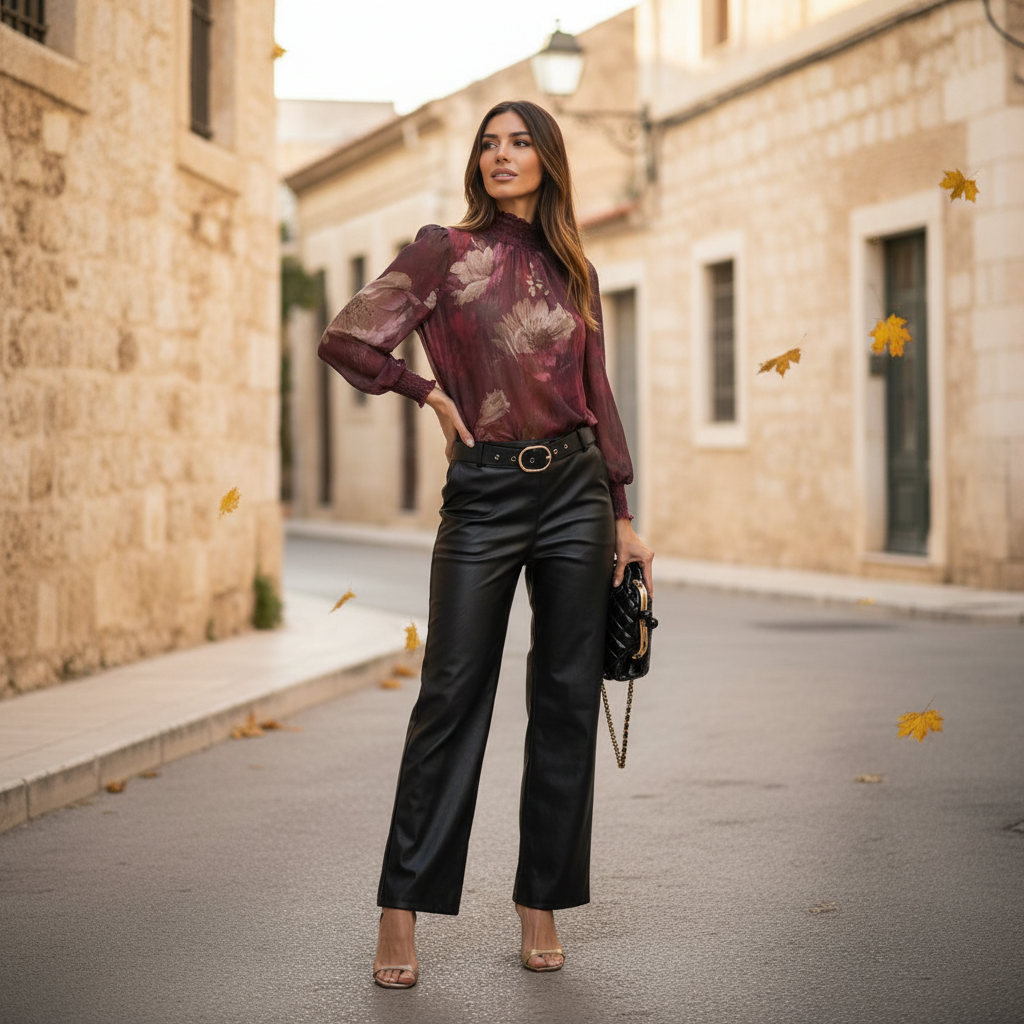 ECO leather pants styled with printed blouse – outdoor look