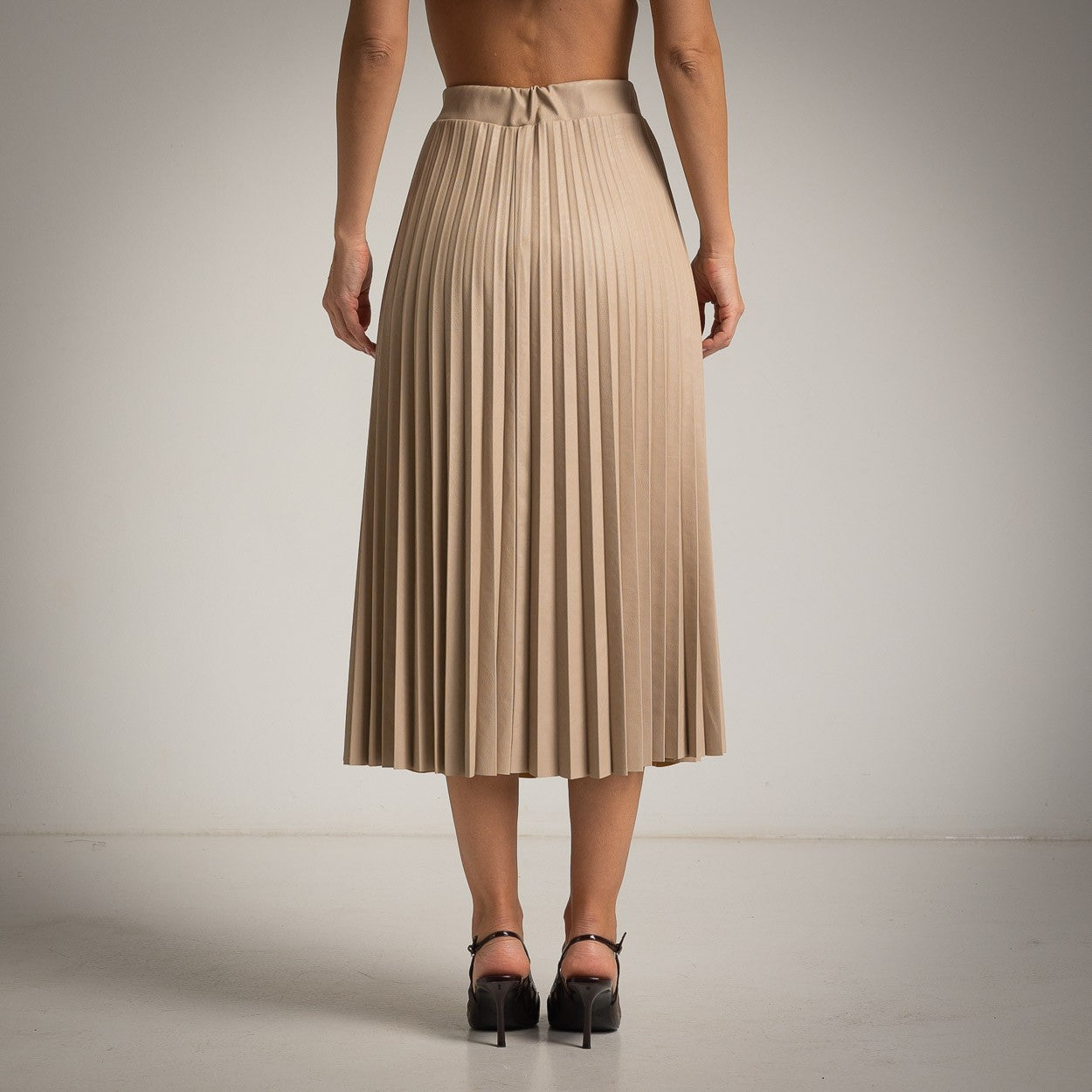 Beige ECO Leather pleated midi skirt back view