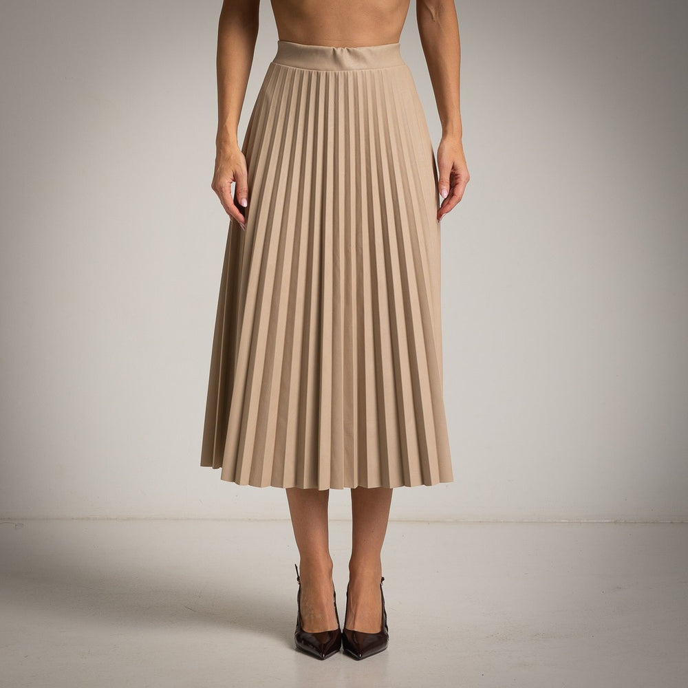 Beige ECO Leather pleated midi skirt front view