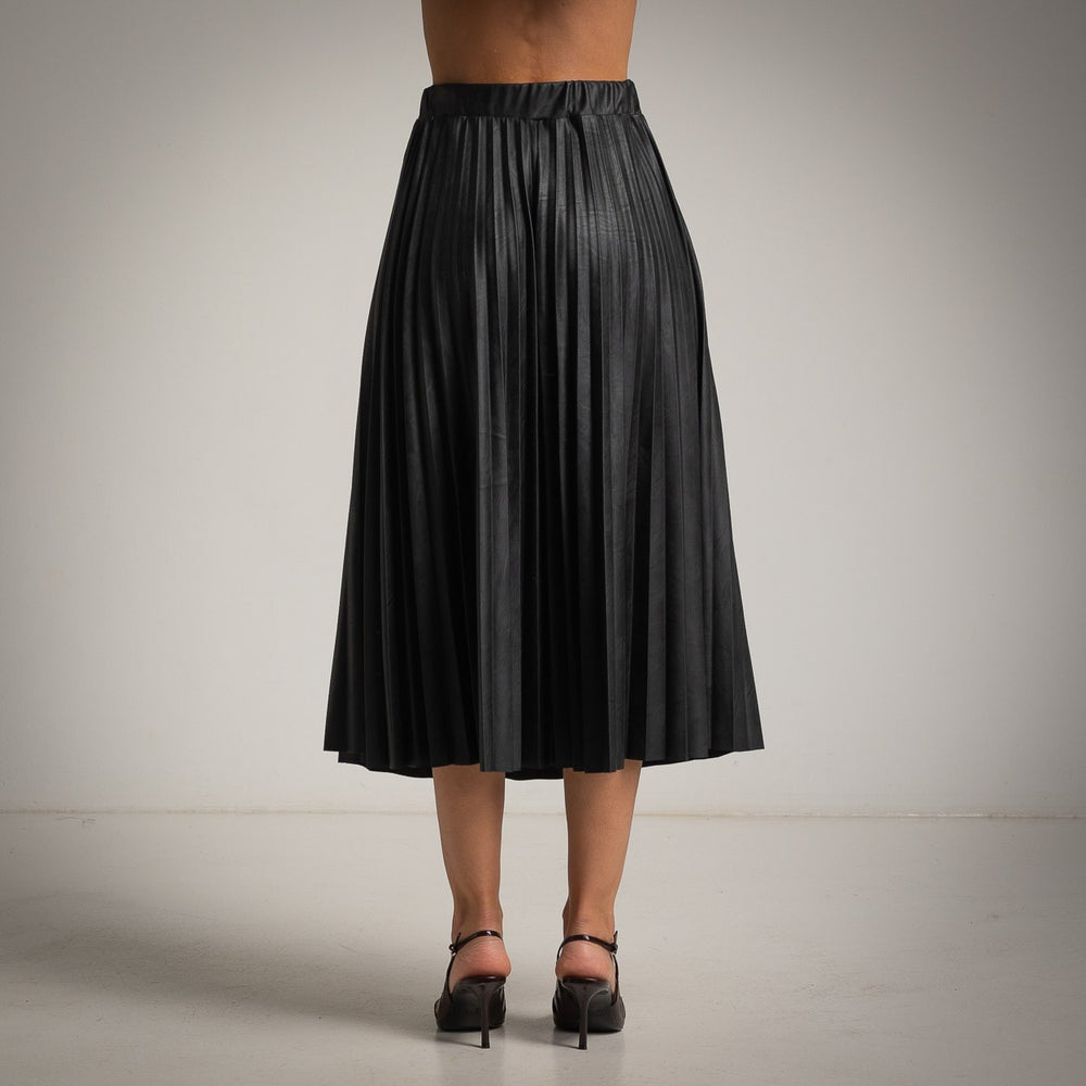 Black ECO Leather pleated midi skirt back view