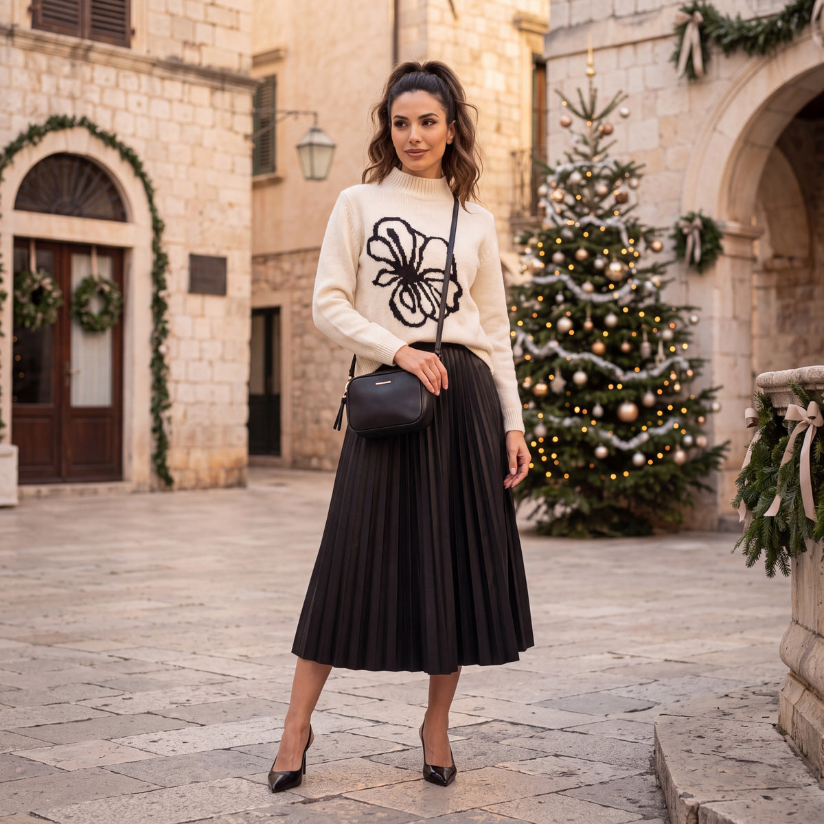 ECO Leather pleated midi skirt in black styled with knit sweater