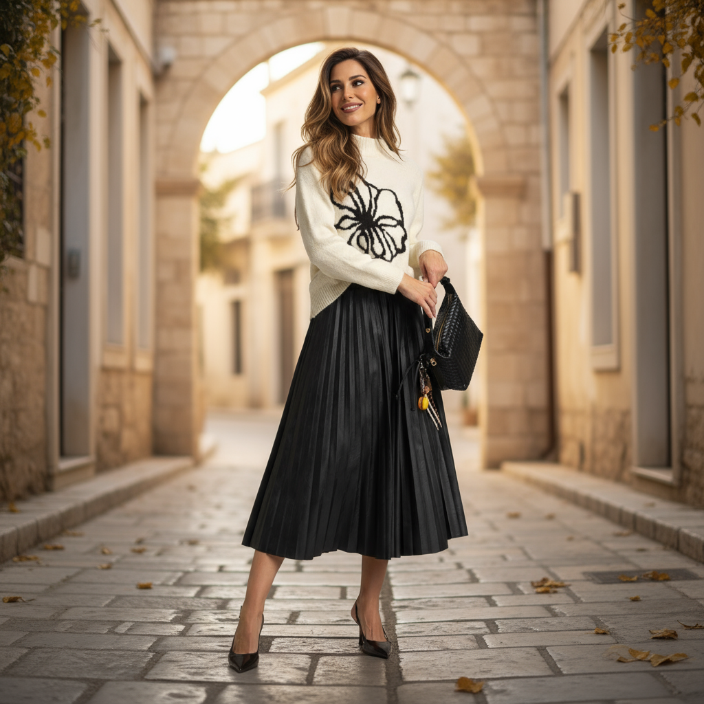 ECO Leather pleated midi skirt in black styled with knit sweater