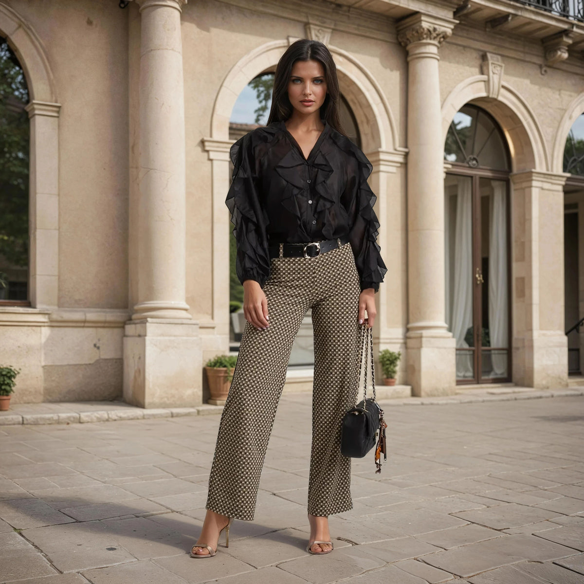 Elegant microdiamond women’s trousers styled with a black blouse in a refined streetstyle look