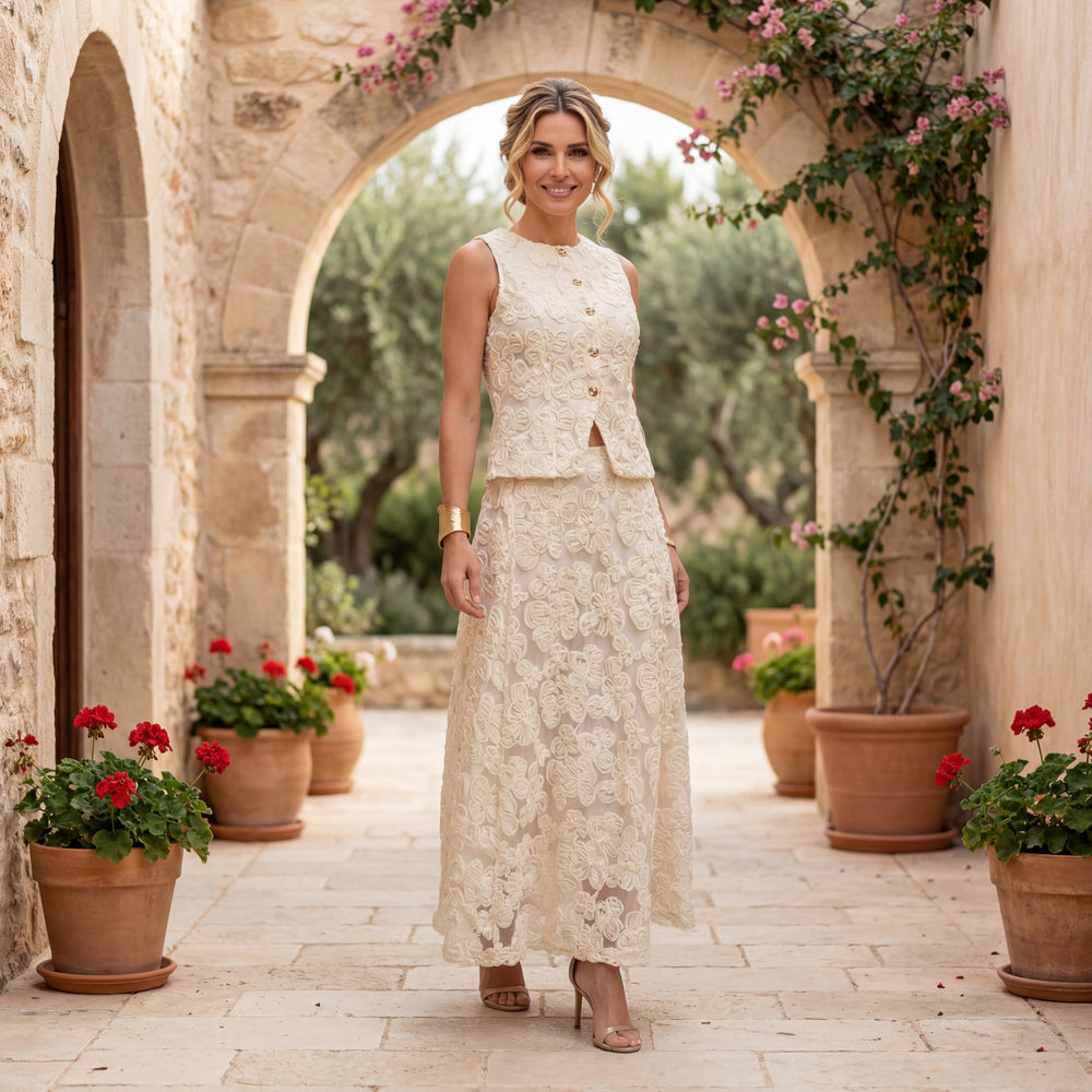 Full body look of floral appliqué set styled for special occasions – MARIΓIOÚ