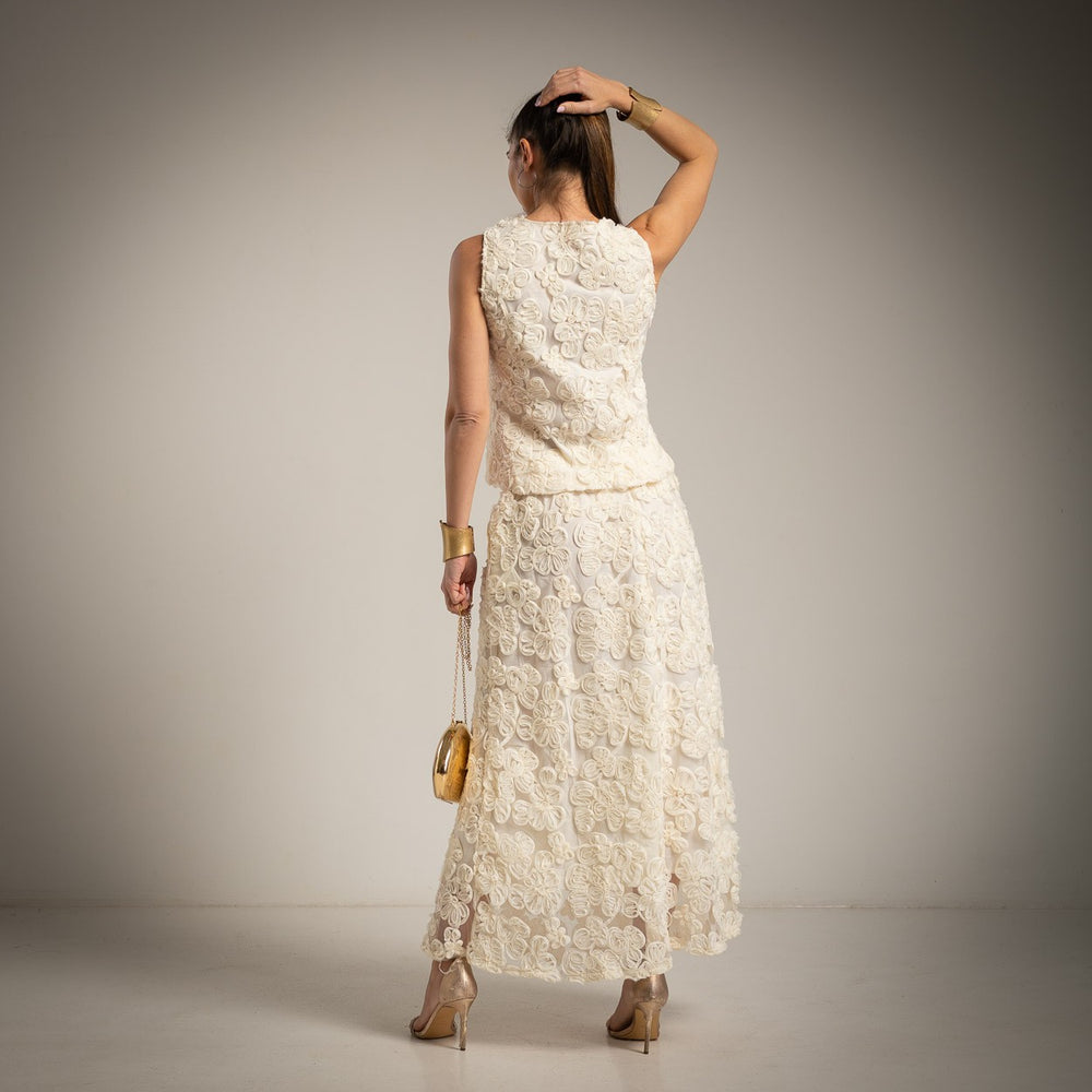 Back view of floral appliqué top and maxi skirt set – MARIΓIOÚ