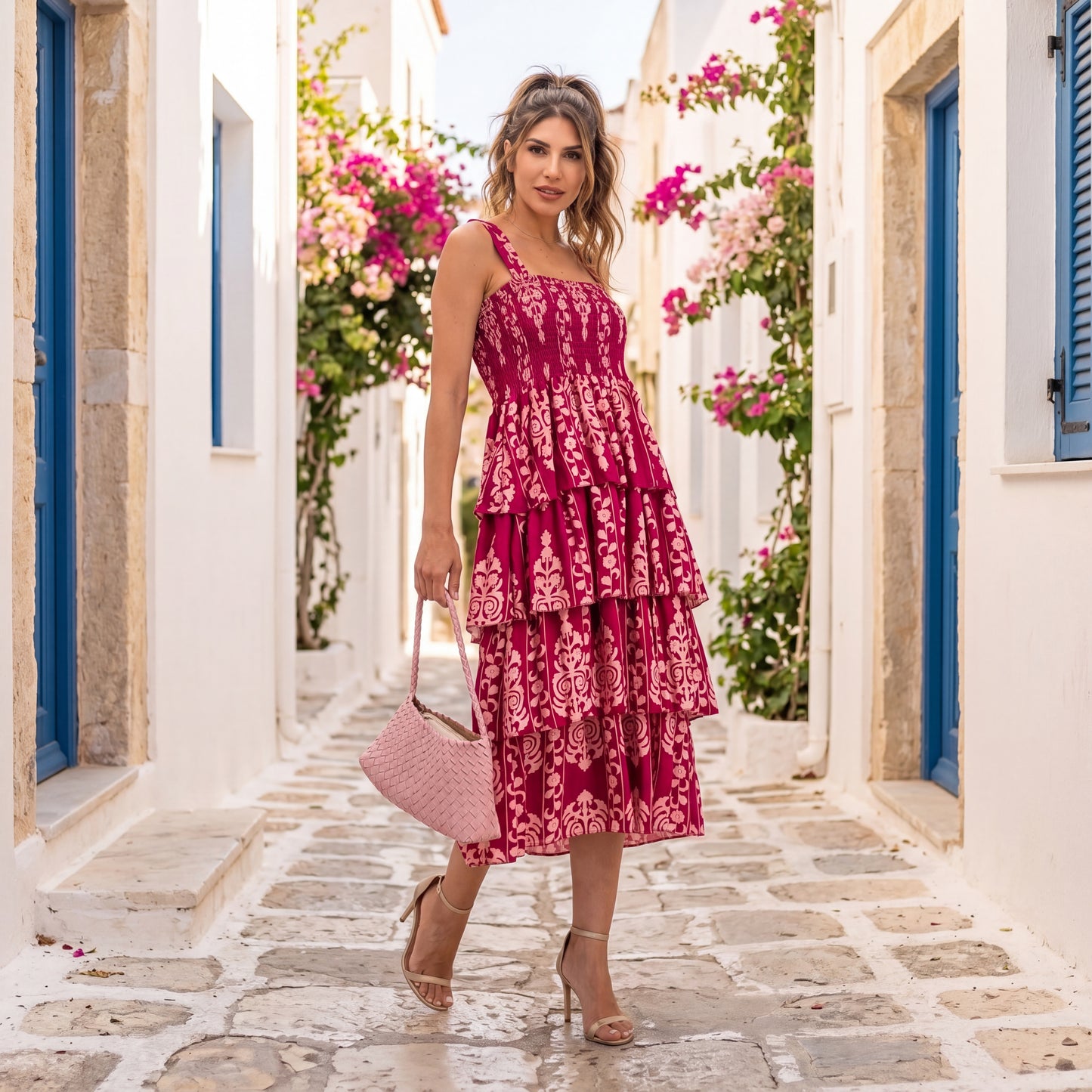 Romantic floral tiered midi dress styled in mediterranean street with flowing layers