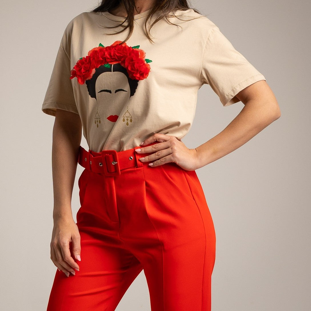 Frida Kahlo floral appliqué shirt beige front detail studio shot