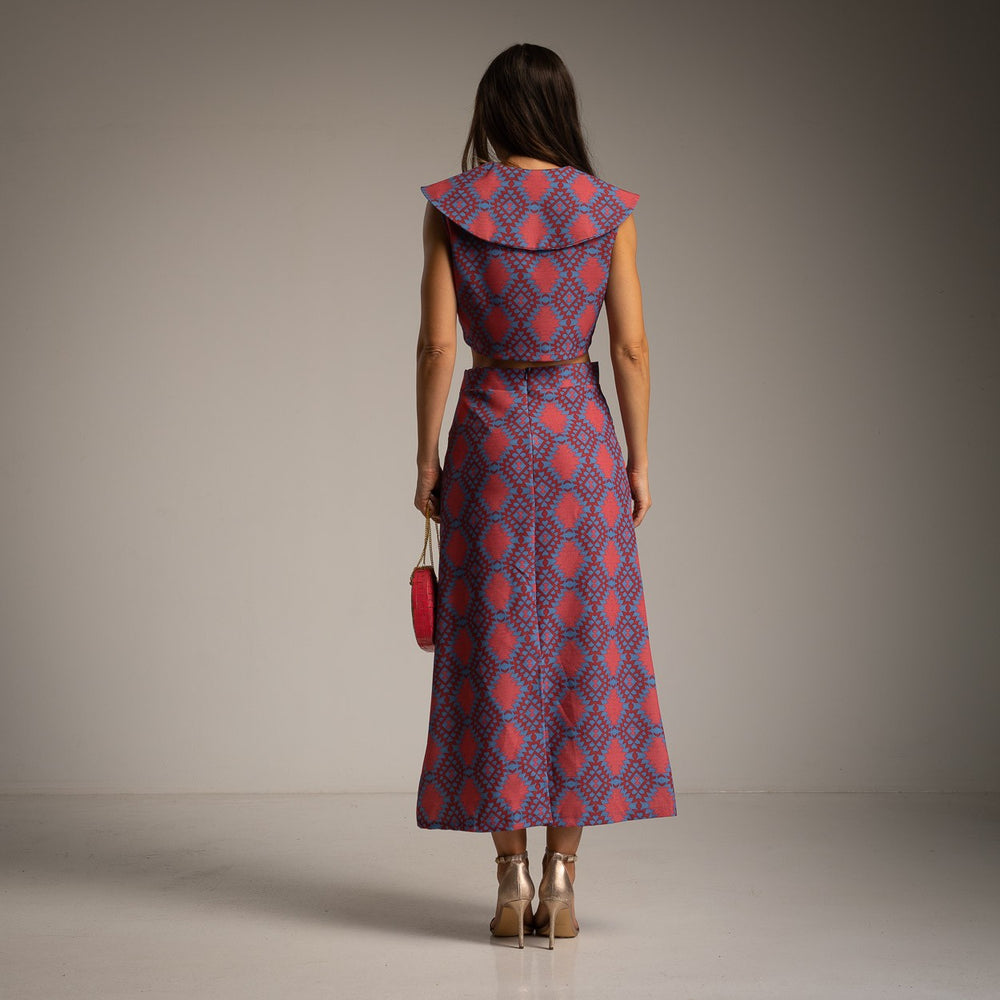 Fuchsia printed crop vest and midi skirt set back view one size by MARIΓIOÚ