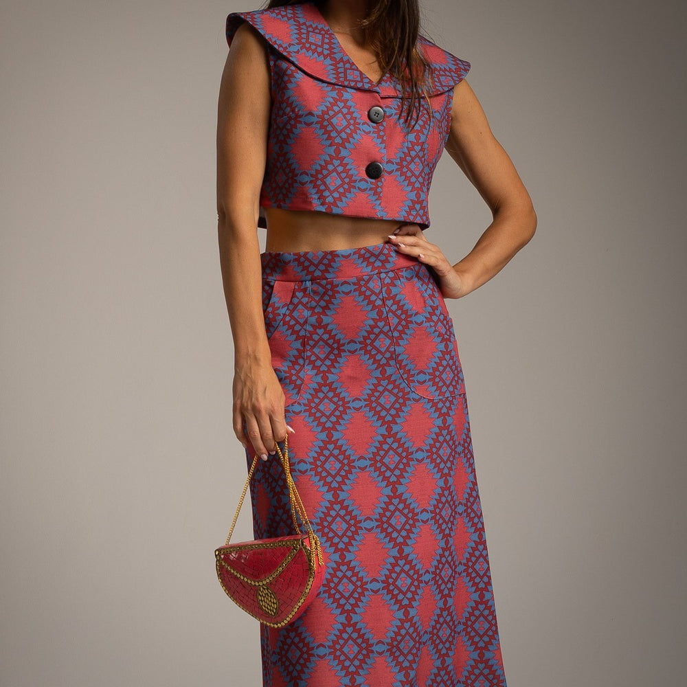 Fuchsia printed crop vest and midi skirt set front view one size by MARIΓIOÚ