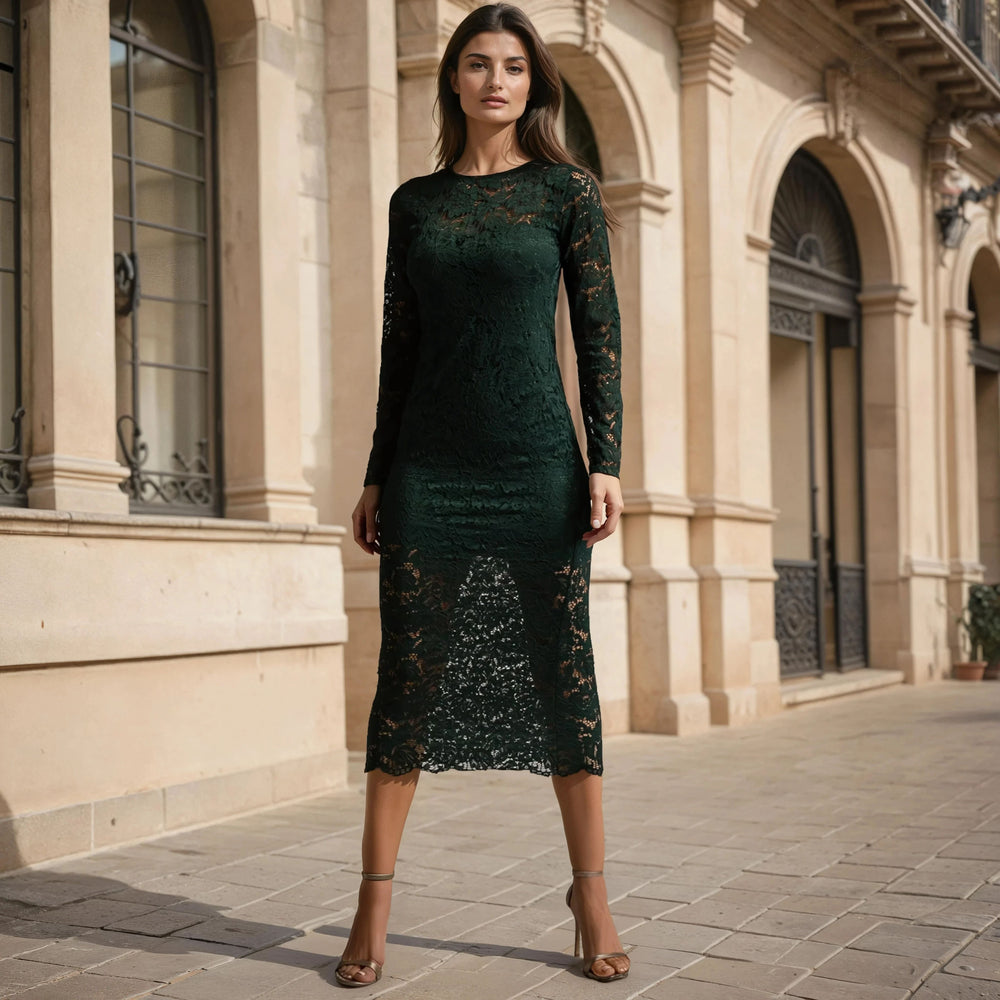 Emerald green lace midi dress with long sleeves – outdoor front view