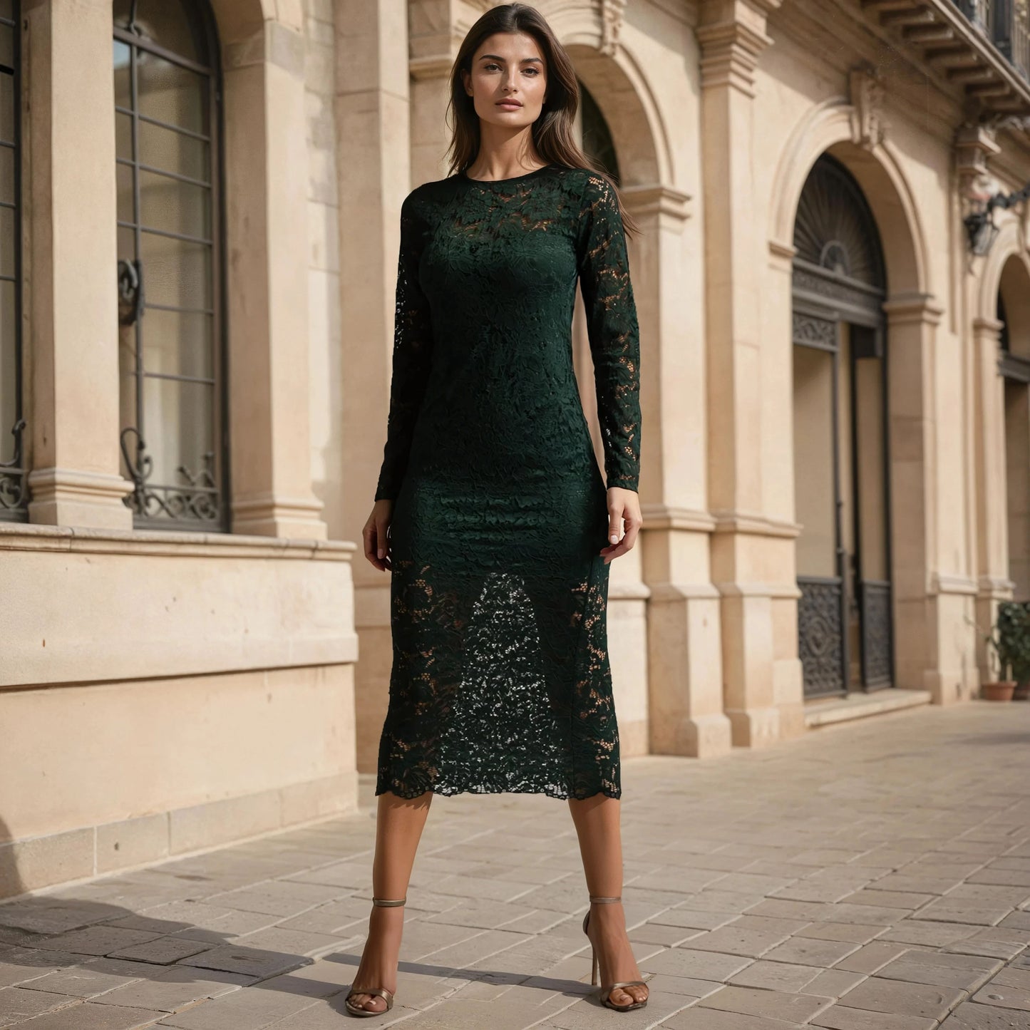 Emerald green lace midi dress with long sleeves – outdoor front view
