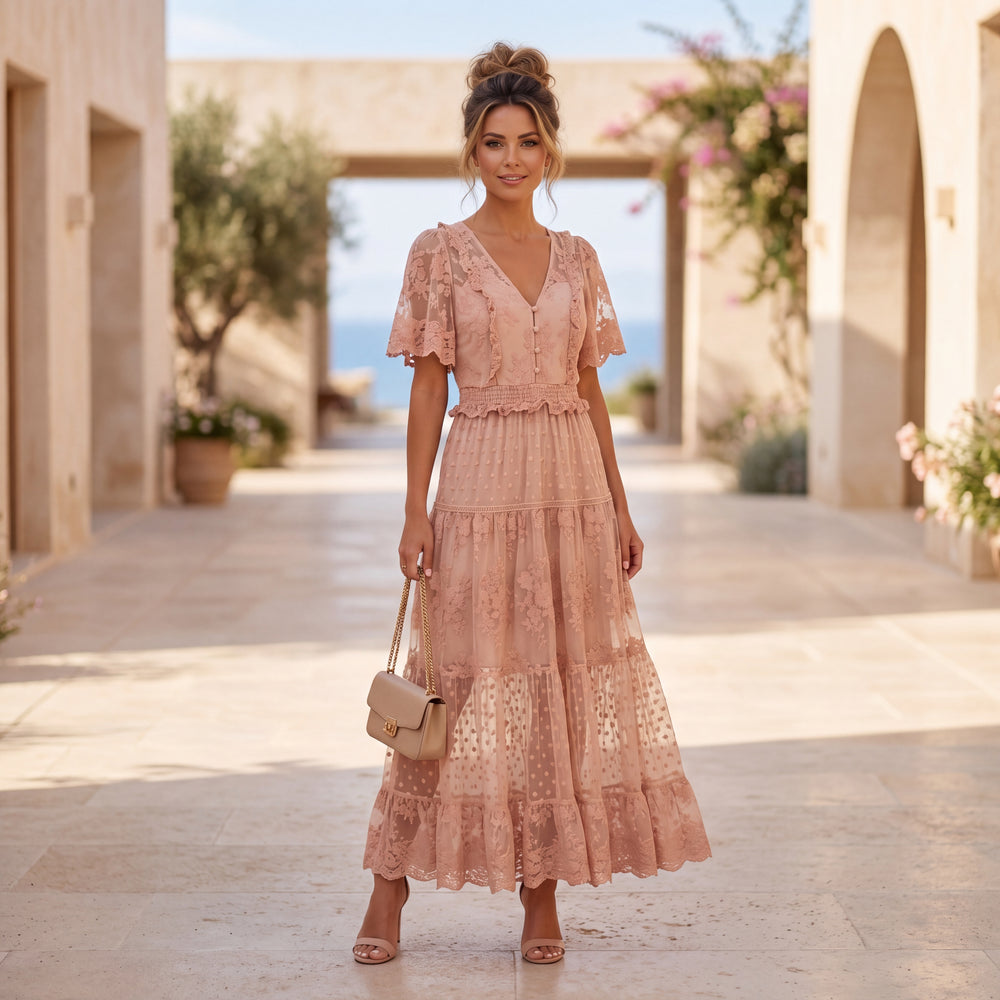 Woman wearing Lace Romance Maxi Dress in Dusty Rosewood featuring floral lace and flowing tiered skirt