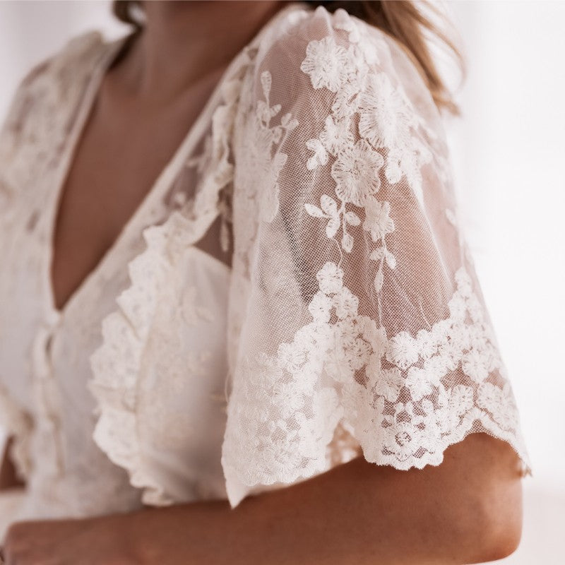Close-up of delicate floral lace flutter sleeve on Lace Romance Maxi Dress in Soft Vanilla Cream