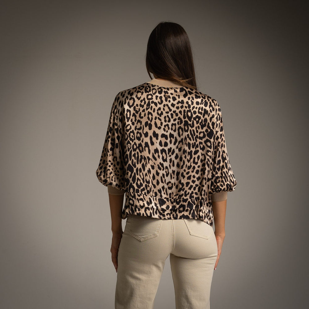 Leopard print satin bomber jacket back view – elegant animal print jacket One Size