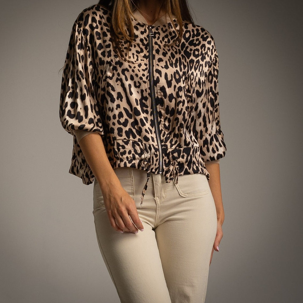 Leopard satin bomber jacket front view – zip closure and soft cuffs detail