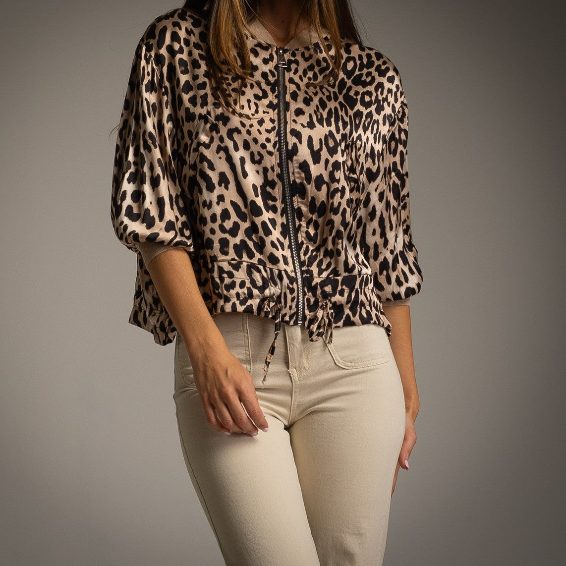 Leopard satin bomber jacket front view – zip closure and soft cuffs detail