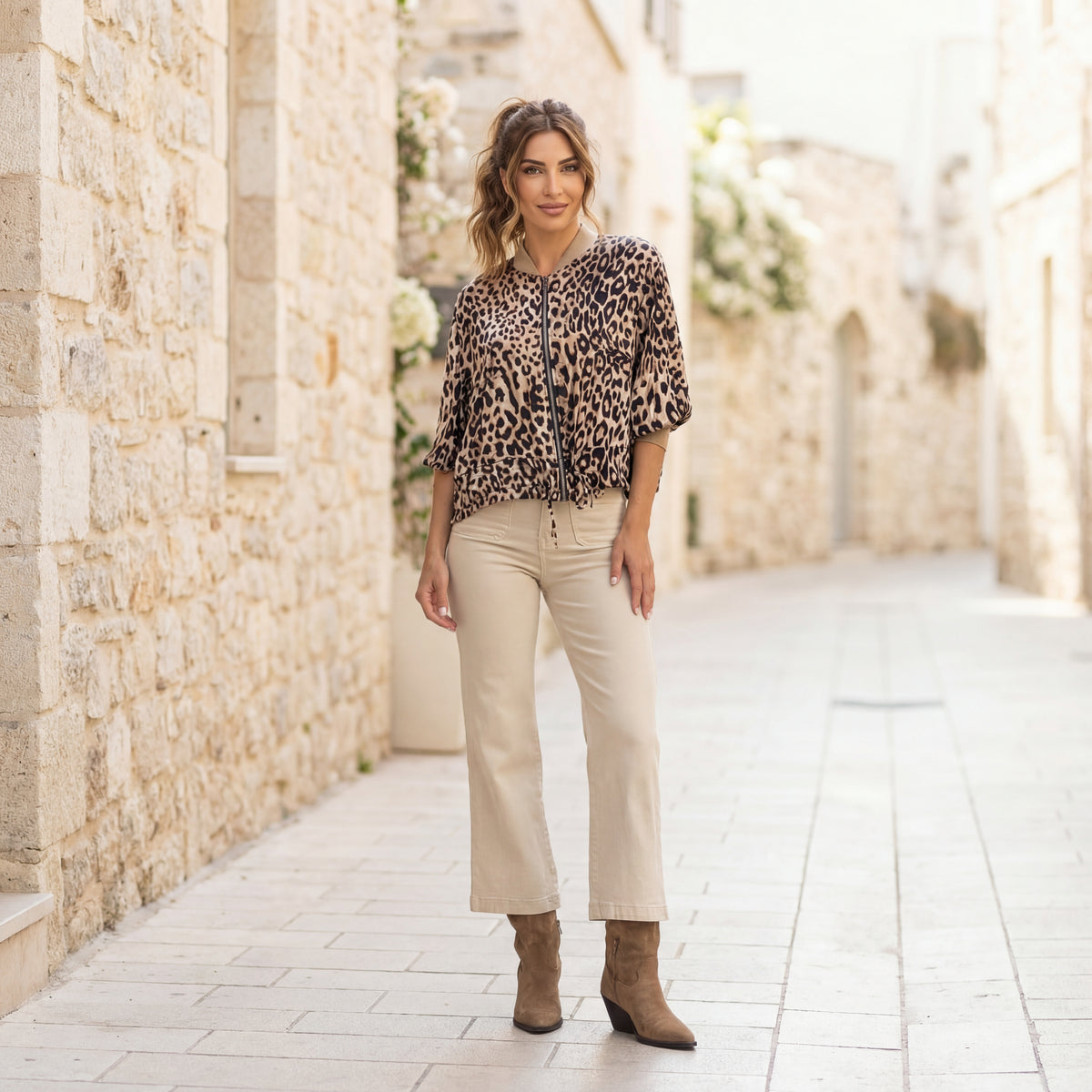 Leopard print satin bomber jacket styled outdoor – chic animal print jacket by MARIΓIOÚ