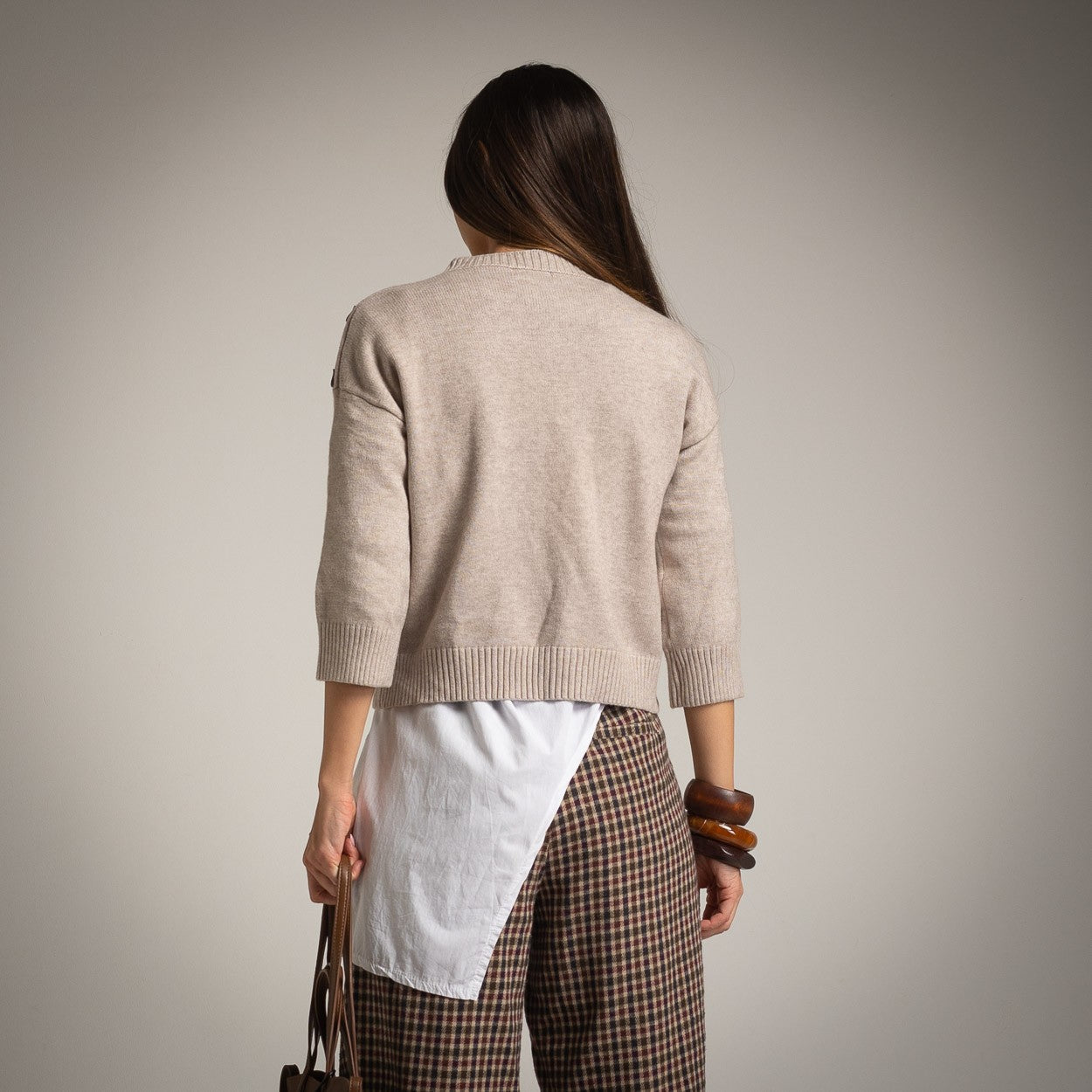 marigiou 3 4 sleeve knit sweater beige back view