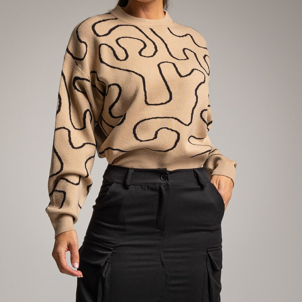 marigiou abstract pattern knit sweater beige front detail