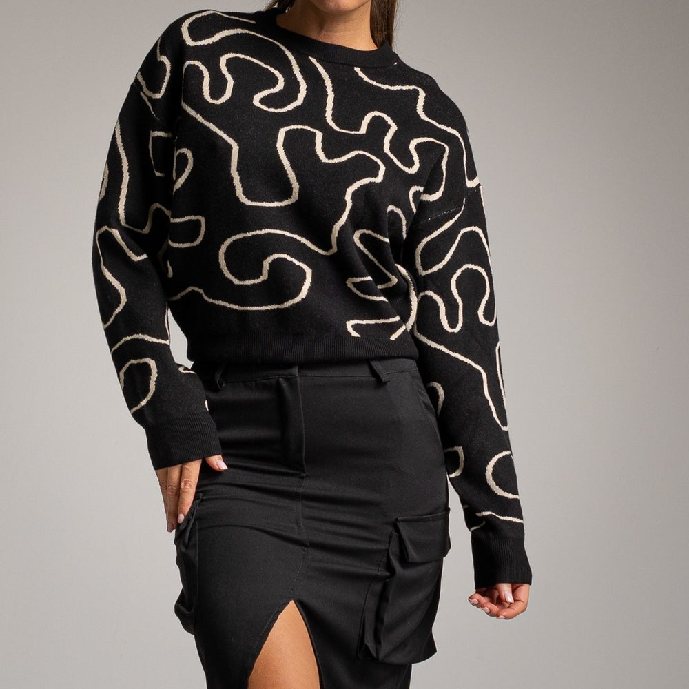 marigiou abstract pattern knit sweater black front detail