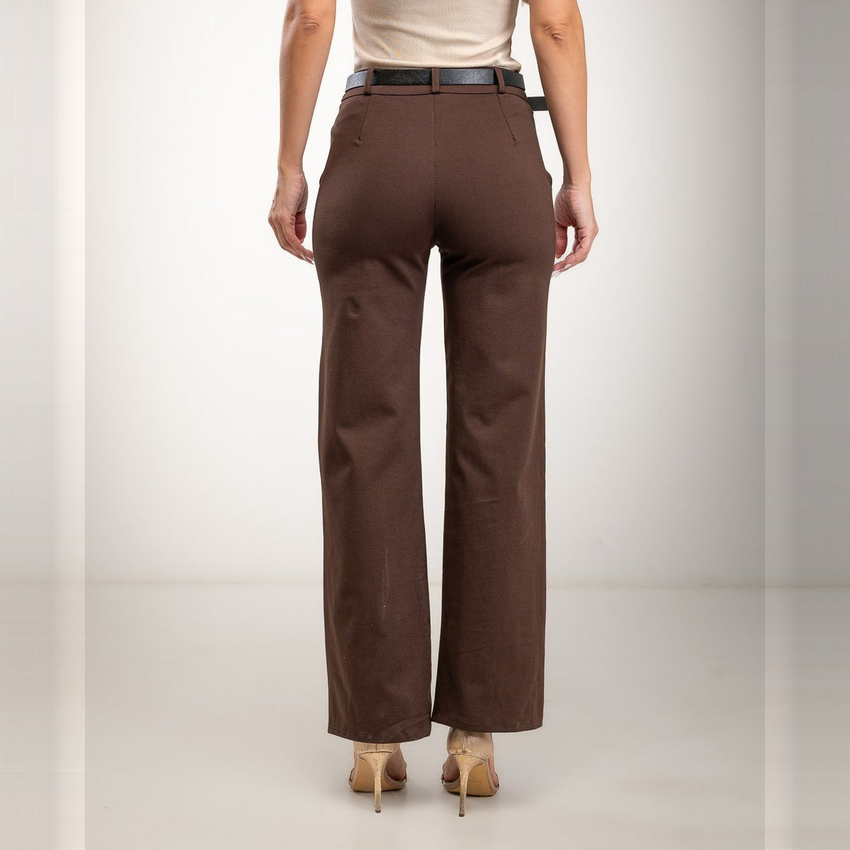 Cocoa Brown straight-leg trousers with pressed front seam and belt - back view
