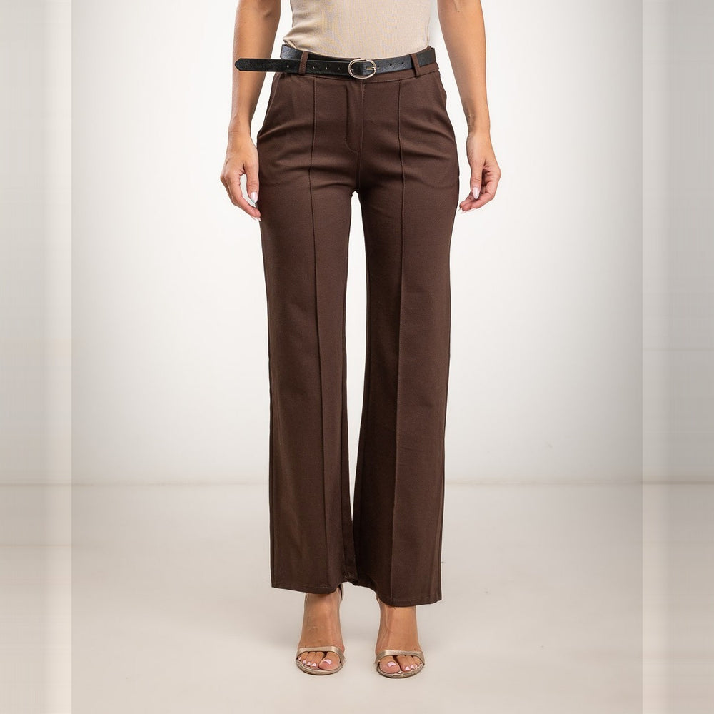 Cocoa Brown straight-leg trousers with pressed front seam and belt - front view